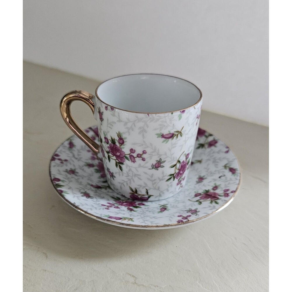 Vintage Norcrest Pink Floral Chintz Demitasse Cup And Saucer